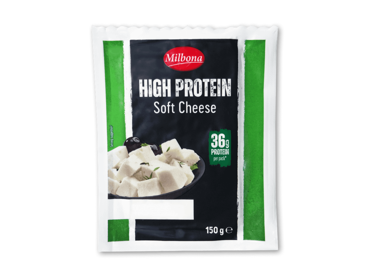Pakke med hvid blød ost med 36g protein, 150g.
