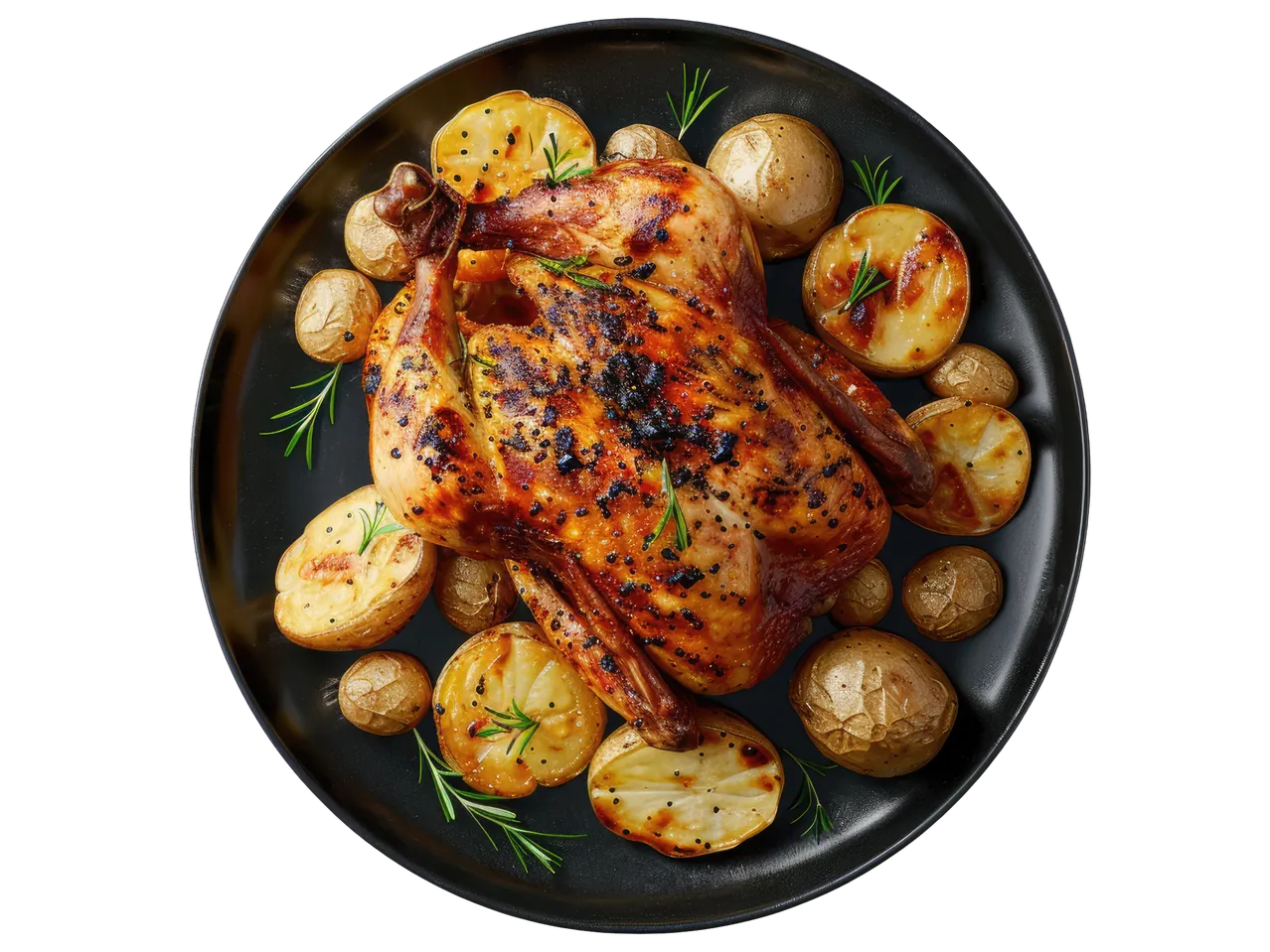 Whole roast chicken with potatoes and rosemary on a black plate