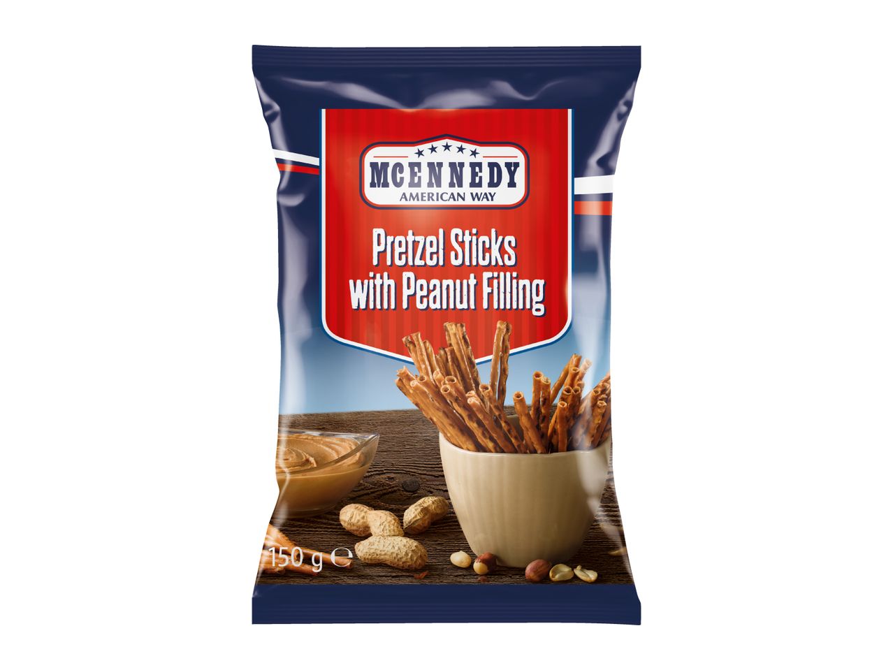A bag of pretzel sticks with peanut filling, next to a bowl of peanut butter and peanuts.