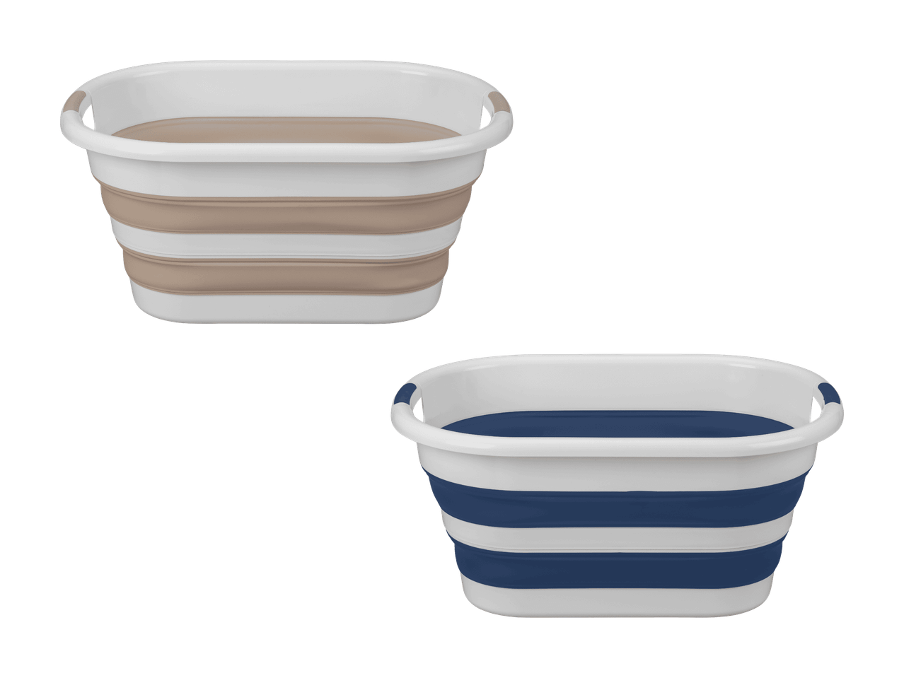 Deux bassines pliables, une beige et blanche et une bleue et blanche.