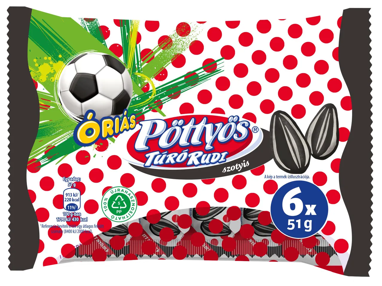 Pöttyös Túró Rudi szotyis ízben, focis grafikával, 6x51g-os kiszerelésben.