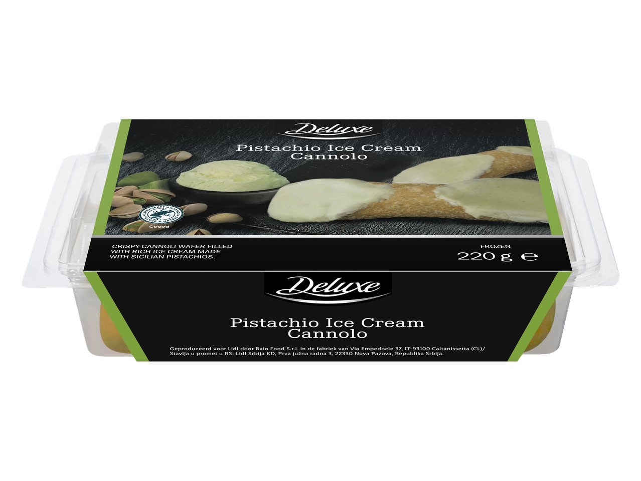 Deluxe Pistache-ijs Cannolo, knapperige wafel gevuld met rijk ijs en Siciliaanse pistachenoten.