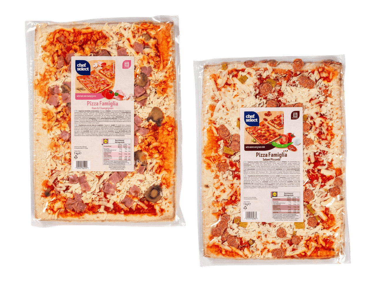 Kaksi pakattua pizzaa, toinen kinkulla ja herkkusienillä, toinen salamilla ja vihreällä chilillä.