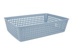 A light blue plastic storage basket with a grid pattern.