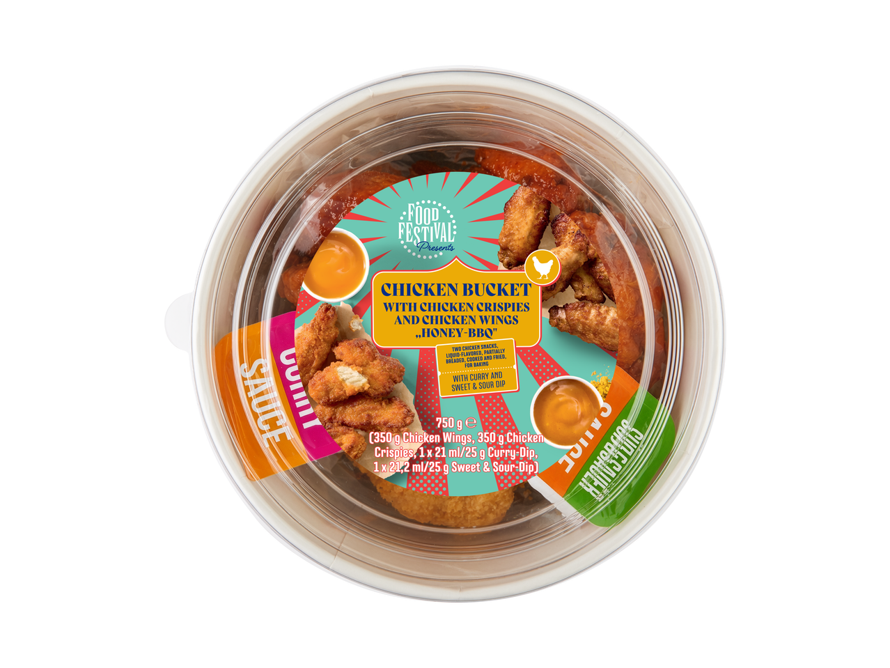 Food Festival Chicken Bucket met kipcrispies, honey-BBQ kipvleugels en twee dipsauzen.