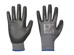 A pair of gray and black work gloves, one showing the palm and the other the back with product details.
