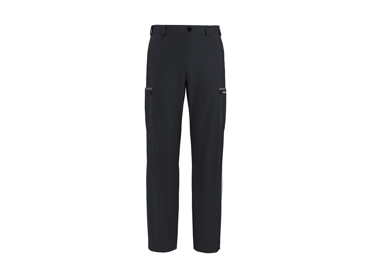 Dark grey cargo trousers with side pockets and a button closure.