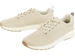 Beige knitted sneakers with cream soles and brown accents.
