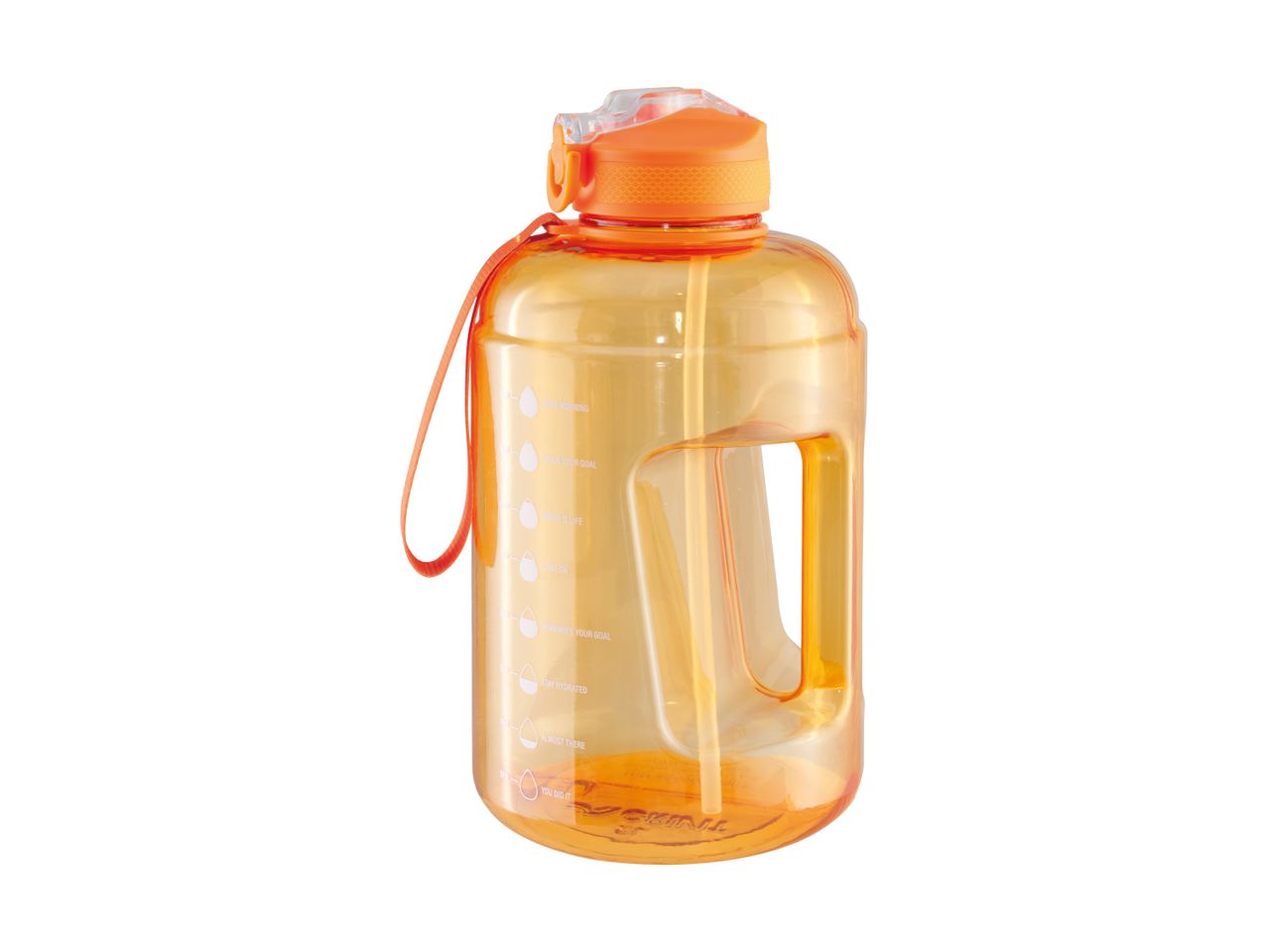Orange water bottle with time markers and a handle