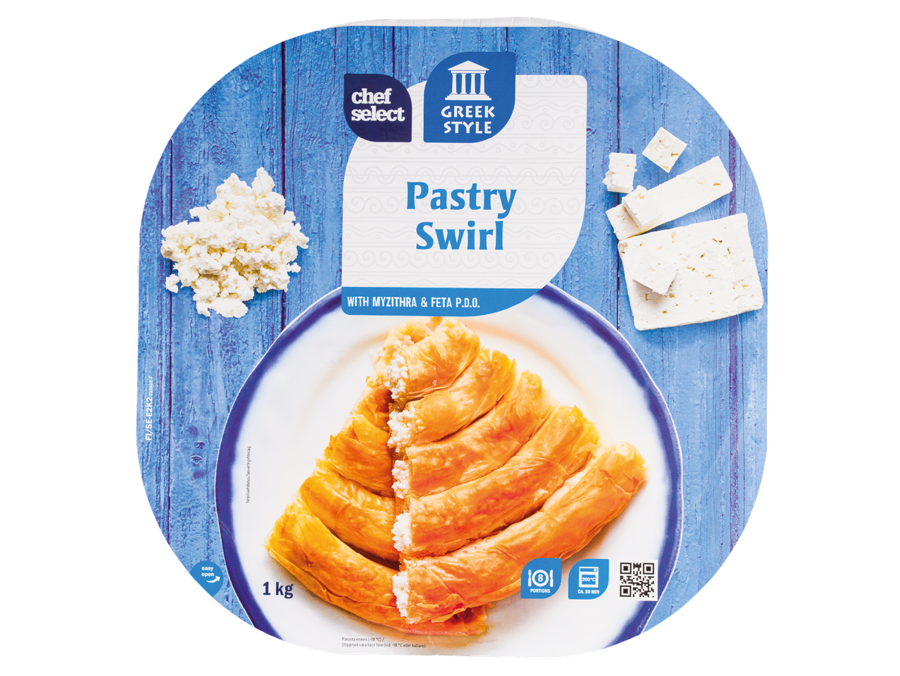 Grekisk stil smördegssnurra med myzithra och fetaost, 1 kg, 8 portioner, 200°C i ca 50 minuter.