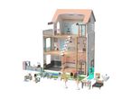 A multi-story dollhouse with various furniture sets and two doll figures.