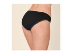 Rear view of a woman wearing black ribbed briefs with lace trim.