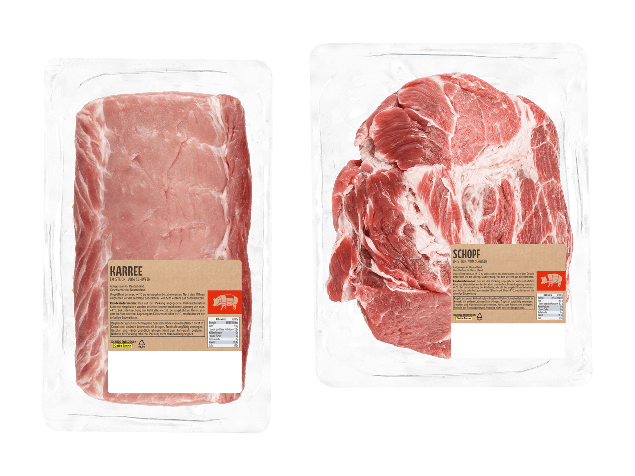 Zwei Packungen Schweinefleisch: Karree und Schopf, mit Nährwertangaben und Zubereitungshinweisen.