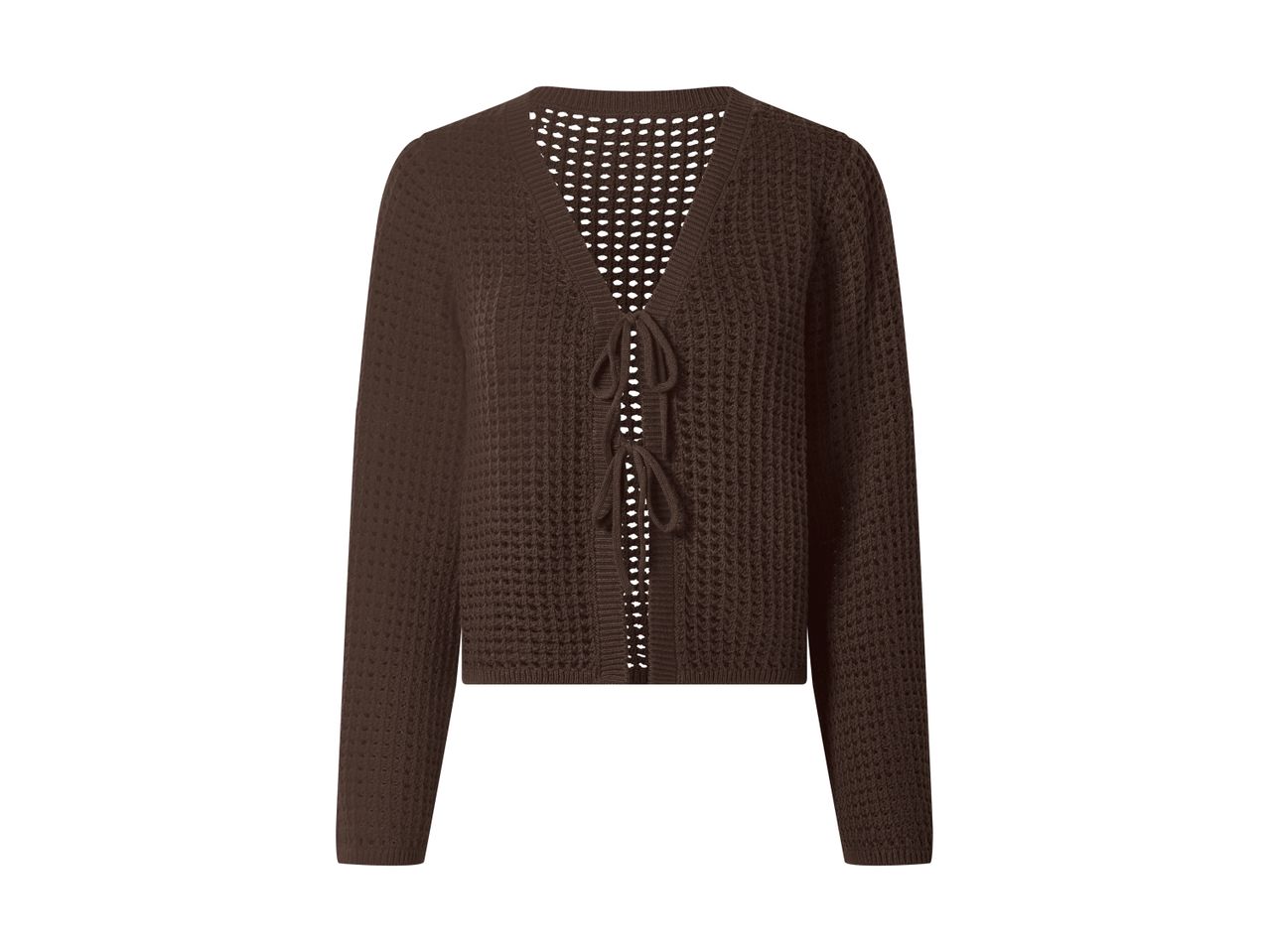 Brun strikket cardigan med lange ærmer og bindebånd foran.
