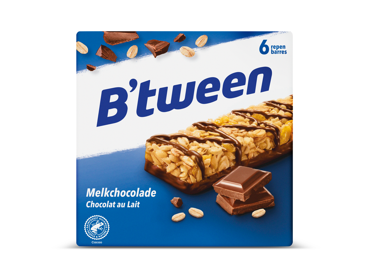 B'tween mueslirepen met melkchocolade, 6-pack, met Rainforest Alliance certificering.