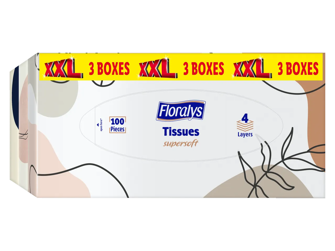 Mouchoirs blancs Floralys 4 plis, 100 pièces, paquet de 3 boîtes XXL