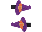 Two purple witch hat hair clips with orange bands and buckles.