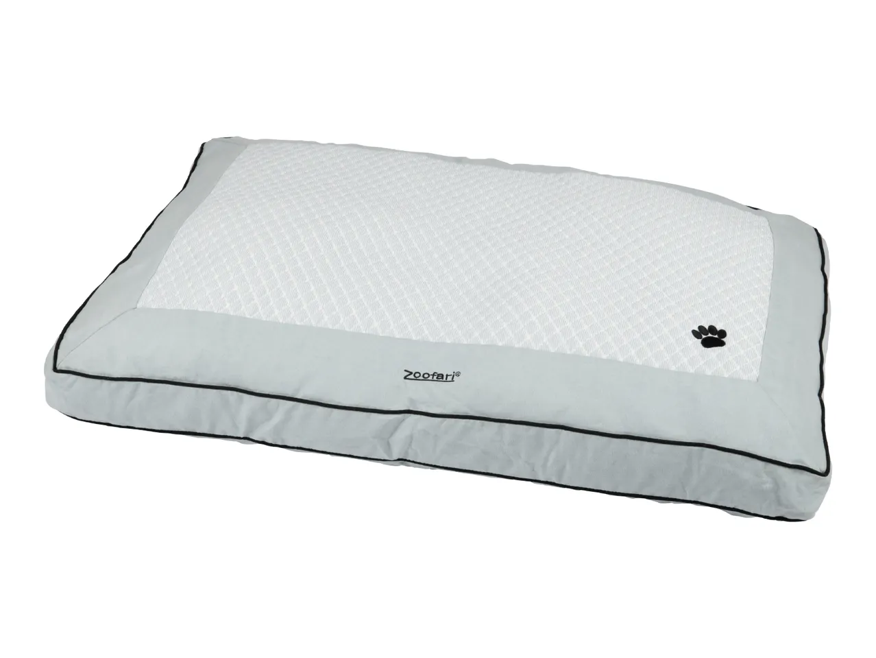 Zoofari light blue pet bed with white textured top and paw print logo