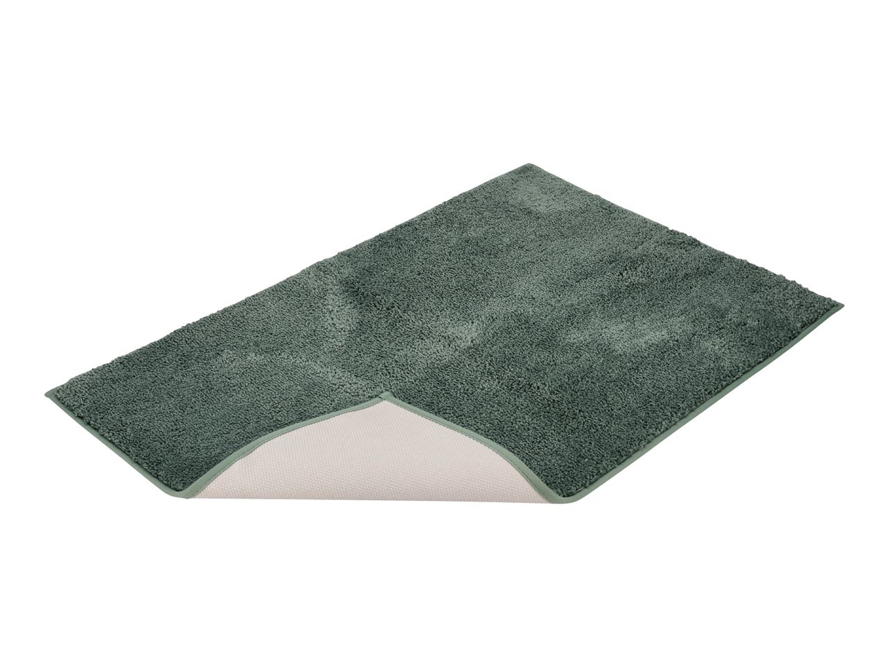 Green bath mat with a non-slip backing partially visible