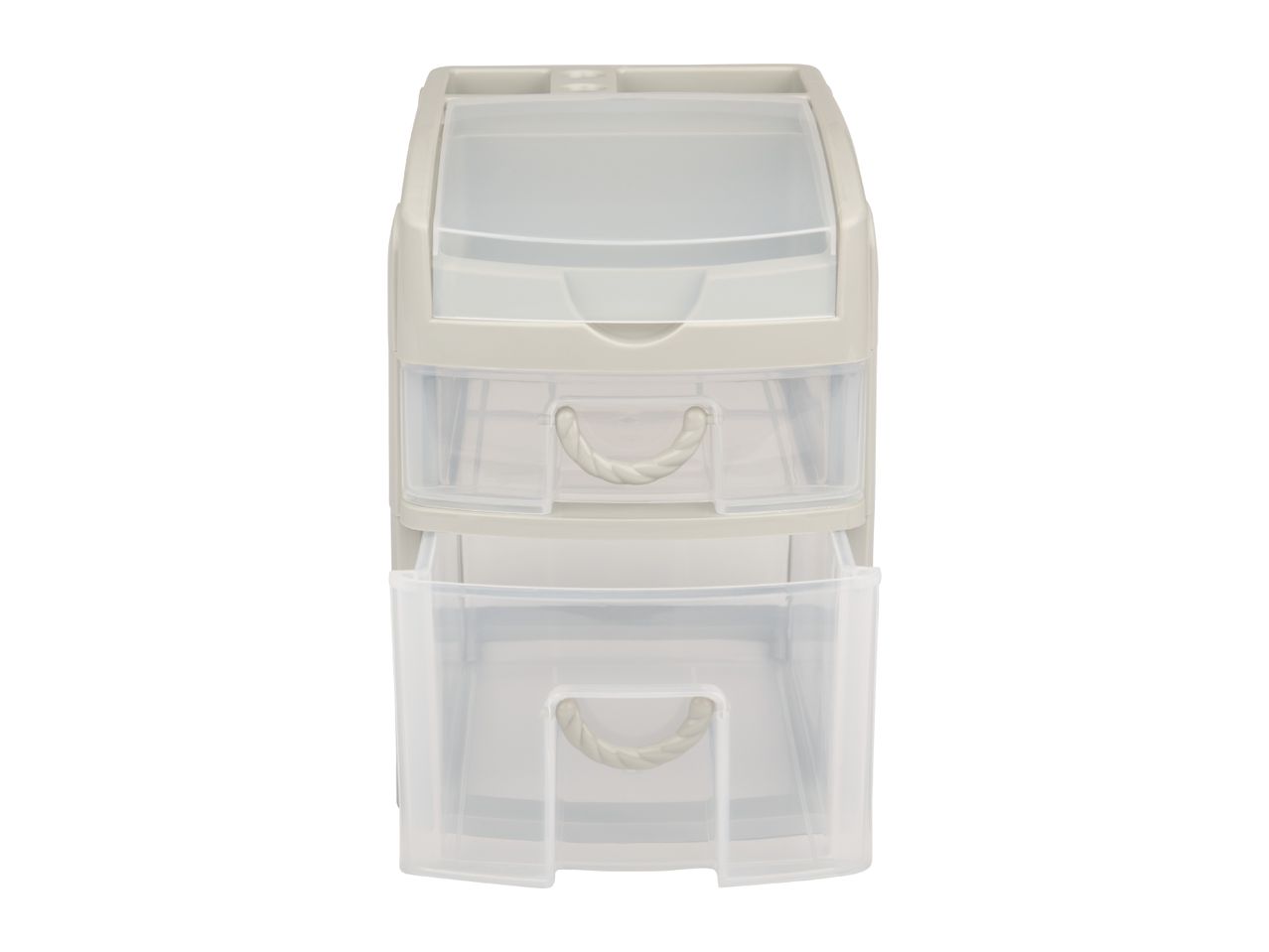 A beige and clear plastic three-drawer organizer with rope handles.