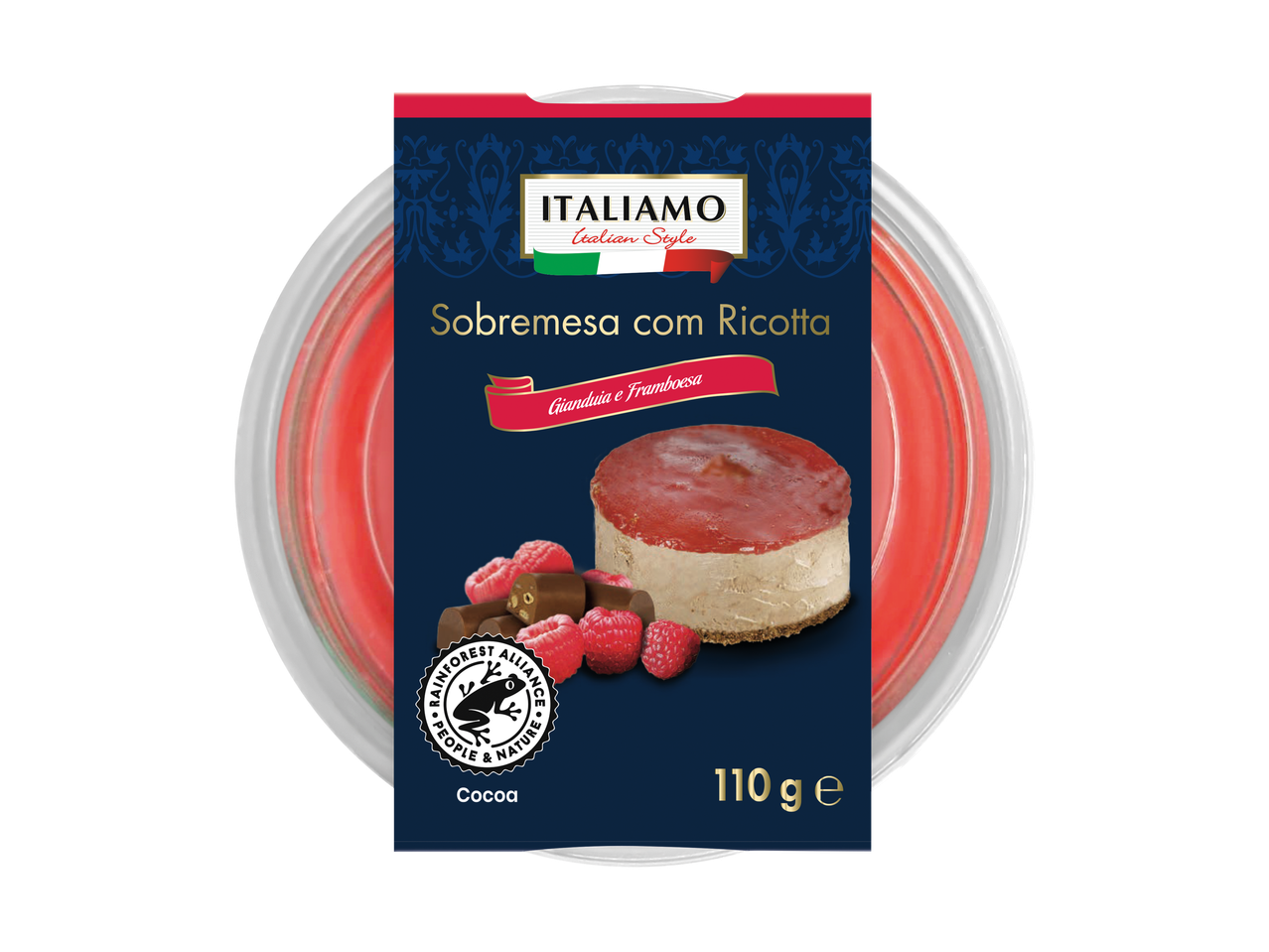 Sobremesa de ricota estilo italiano com gianduia e framboesa, 110g.