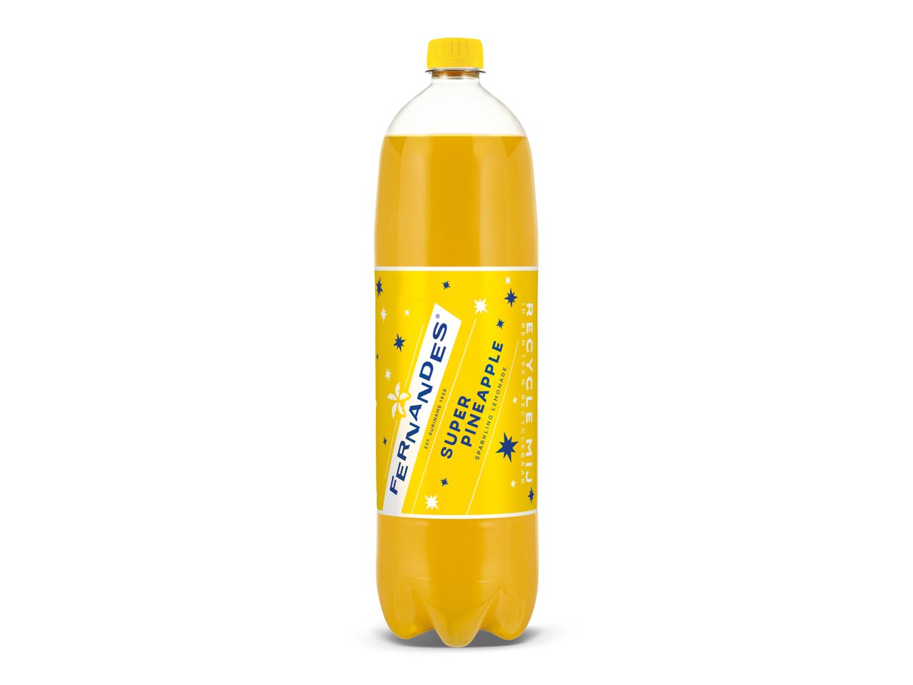Een fles gele frisdrank met ananassmaak.