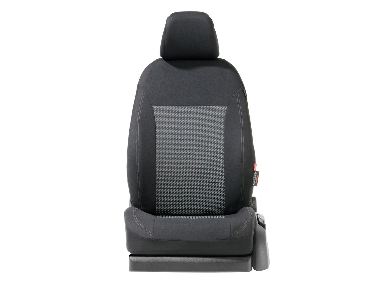 Front view of a black and gray car seat with a patterned fabric insert.