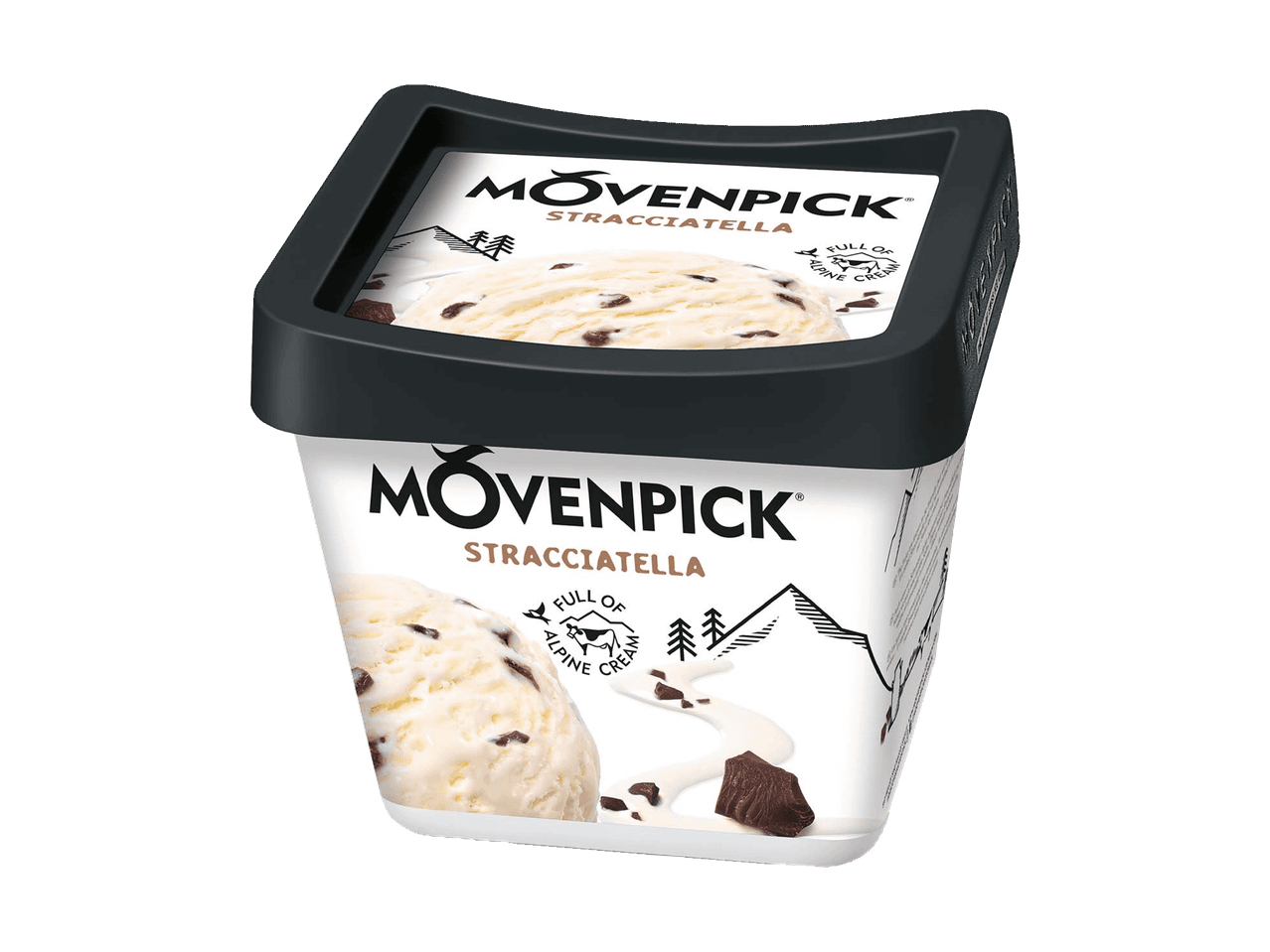 Stracciatella-Eisbehälter mit Schokoladenstückchen und einer stilisierten Alpenlandschaft.