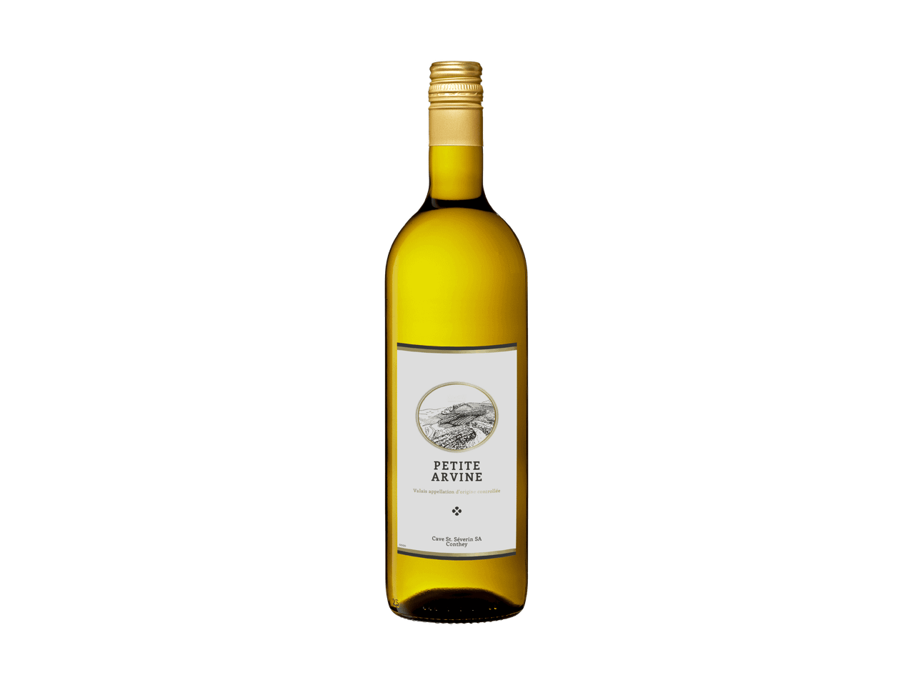 Flasche Weißwein mit einem Etikett, das eine Weinbergslandschaft zeigt.