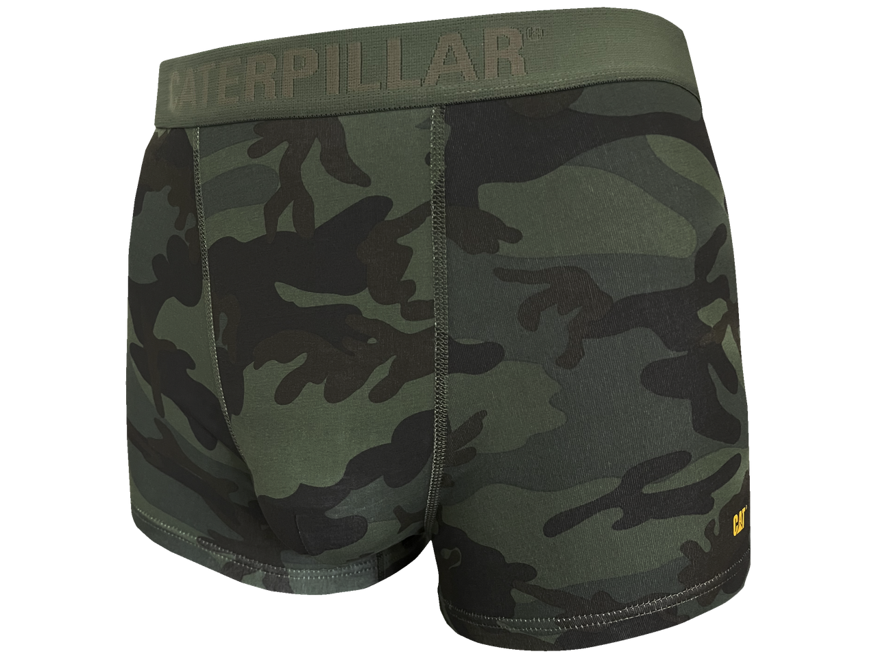 Caterpillar men's short boxers in green camouflage print with logo waistband.