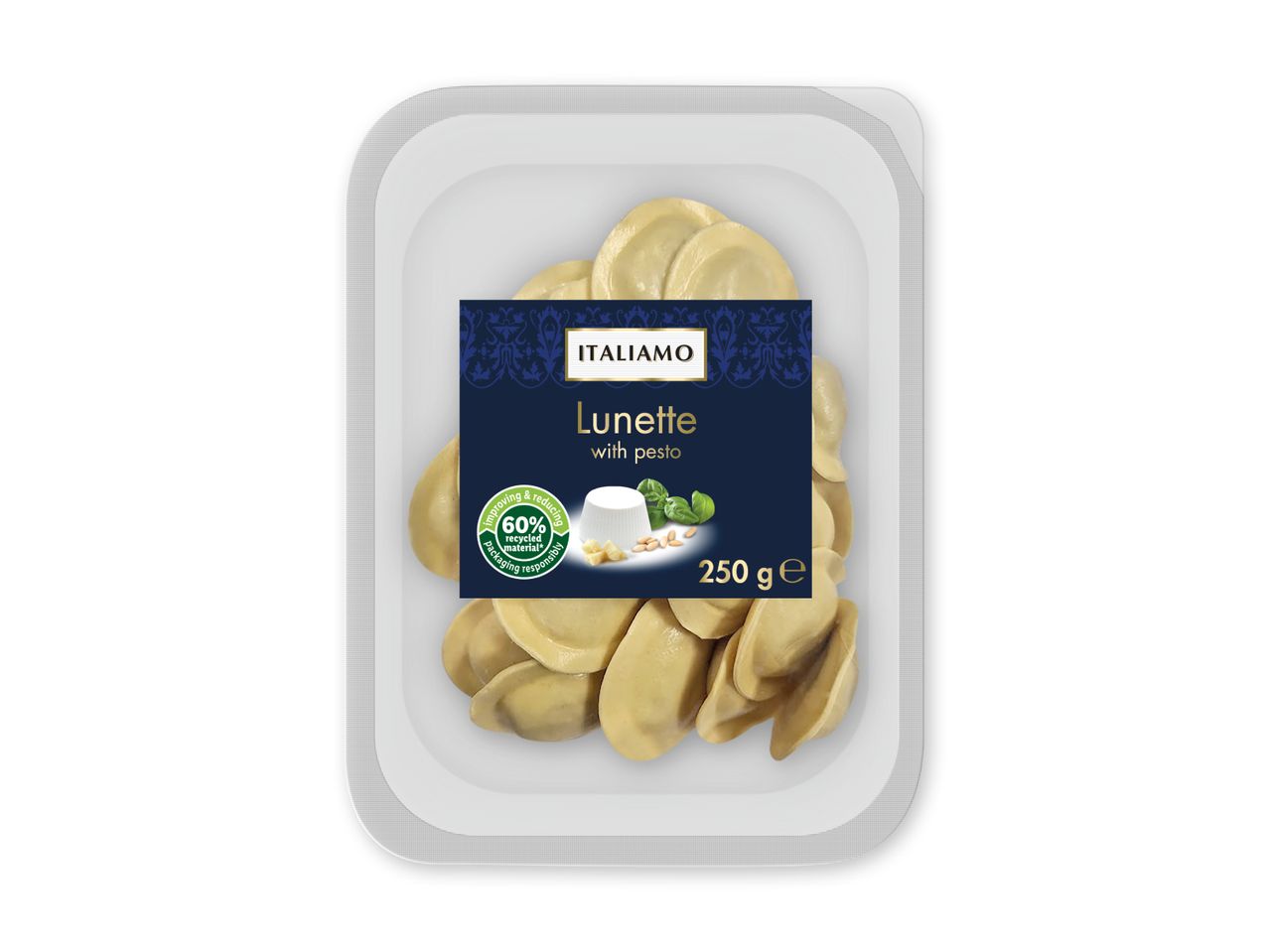 Lunette-pasta med pesto i en pakke med 60 % genanvendt materiale, 250 g.