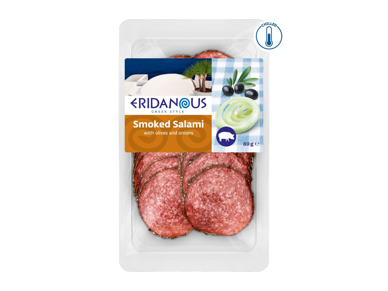 Chilled smoked salami with olives and onions, Greek style, 80g