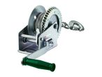 A silver manual winch with a green handle and a steel cable ending in a hook.