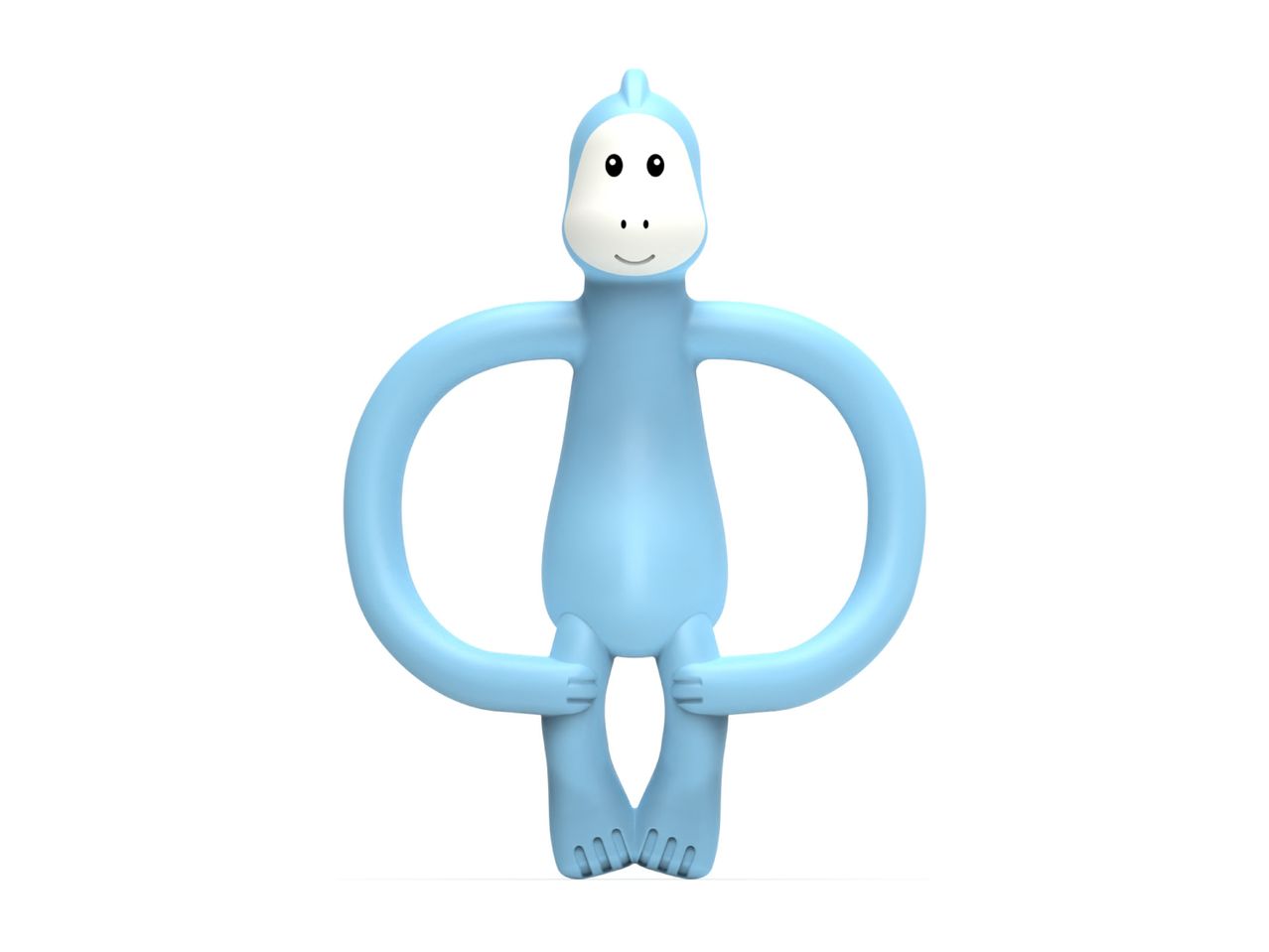 Light blue monkey-shaped baby teether with a smiling face.