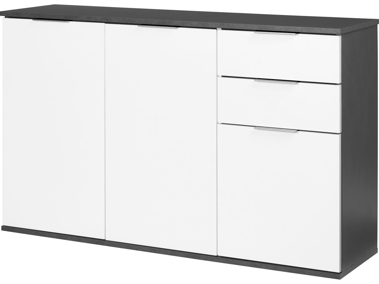 Credenza moderna bianca e grigia con tre ante e due cassetti.