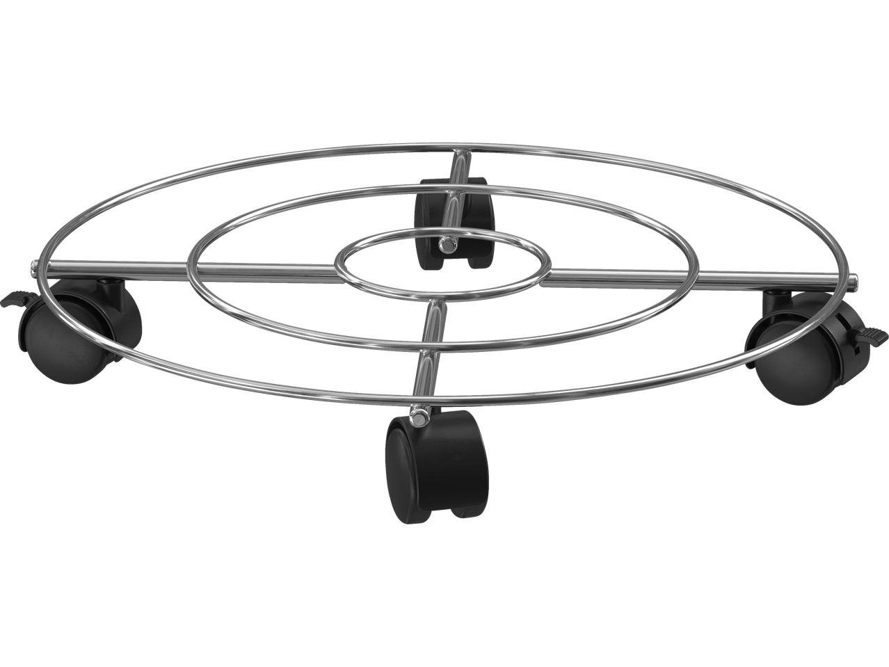 Apvalus chromuotas augalų stovas su ratukais.