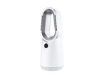 White bladeless fan with a remote control nestled in its top loop