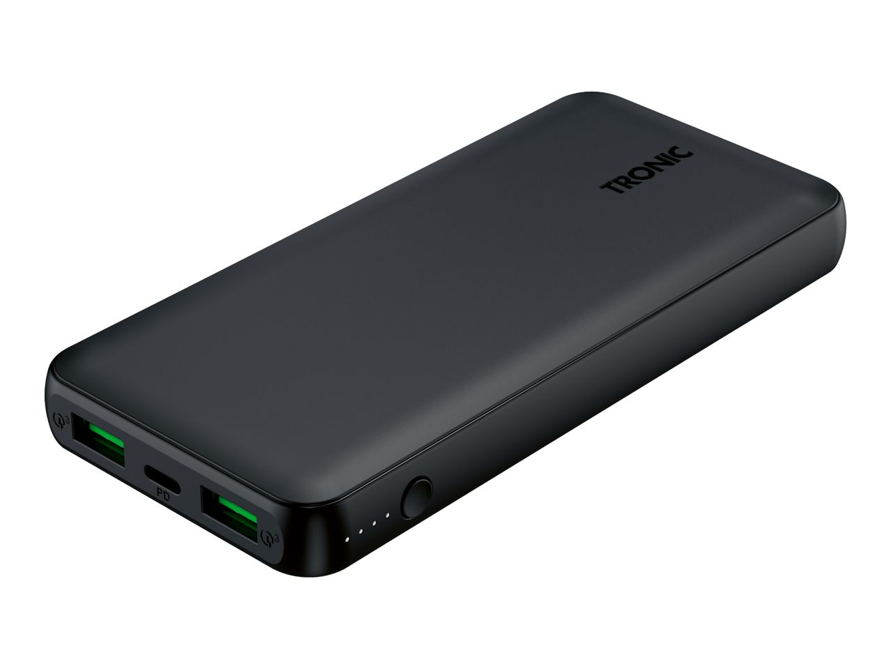 Black power bank with multiple charging ports and a power button.