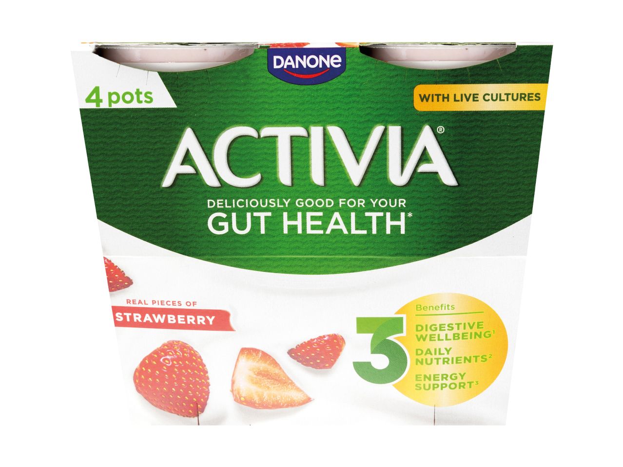 Danone Activia strawberry yogurt, 4 pots, with live cultures for gut health.