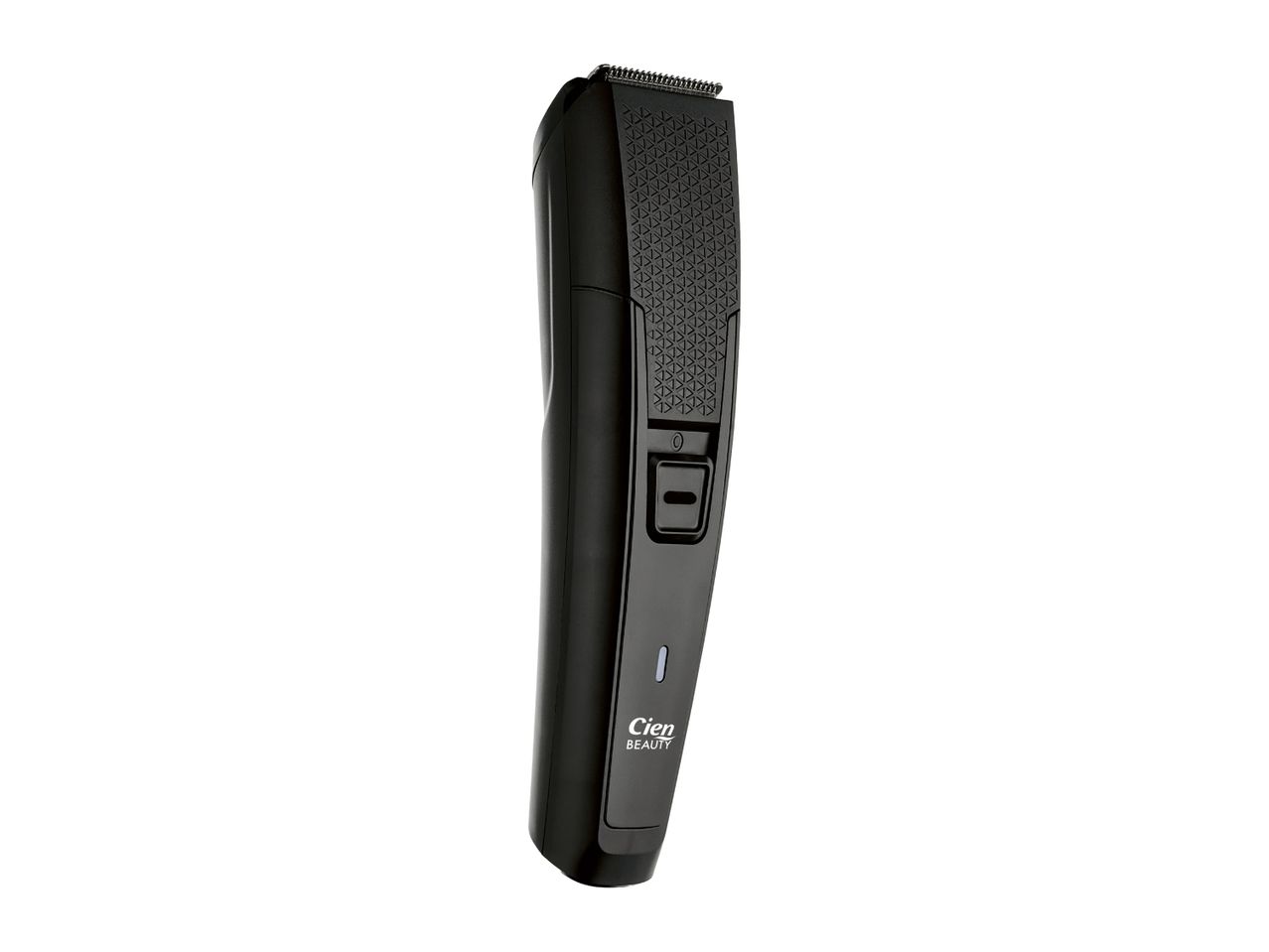 A black Cien Beauty cordless hair clipper stands upright against a white background.
