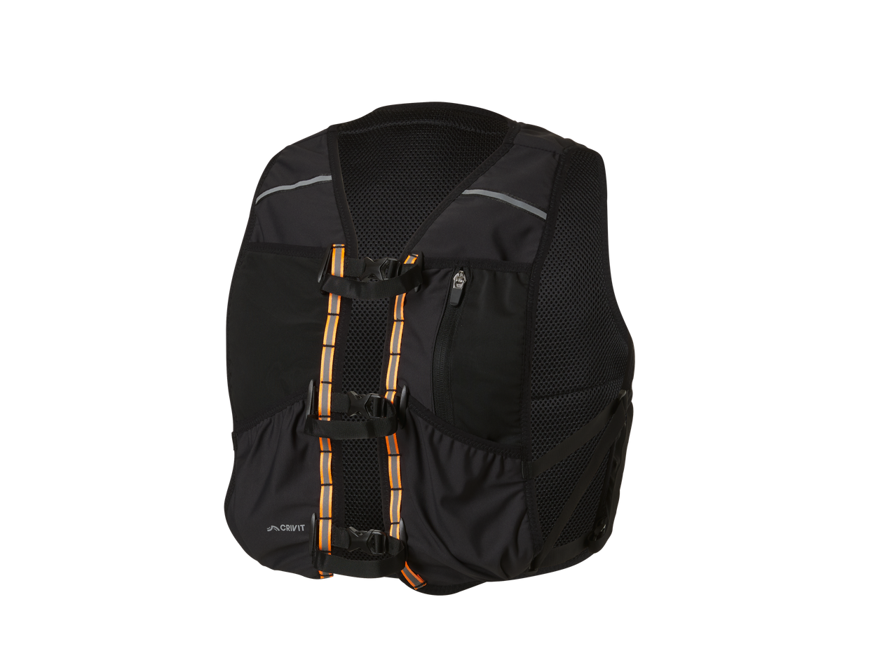 Melna skriešanas veste ar oranžām un atstarojošām detaļām, kabatām un regulējamām aizdarēm.