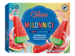 Gelatelli Melonnice: 5 picolés refrescantes de melancia e maçã com pedaços de chocolate.