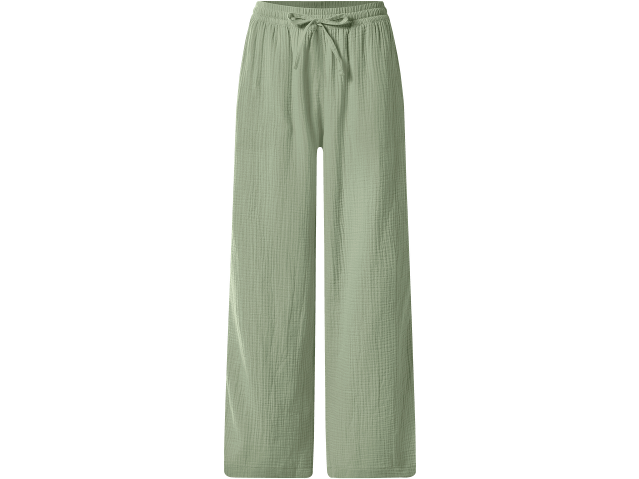 Calças de musselina femininas ESMARA em verde claro com cós elástico e cordão.