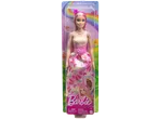 Barbie doll with pink hair, butterfly dress, and a rainbow background in packaging.