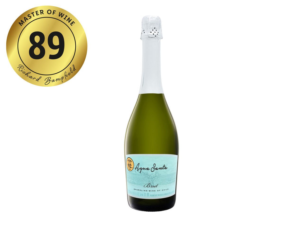 Sparkling wine bottle with a light blue label and a gold Master of Wine rating of 89.
