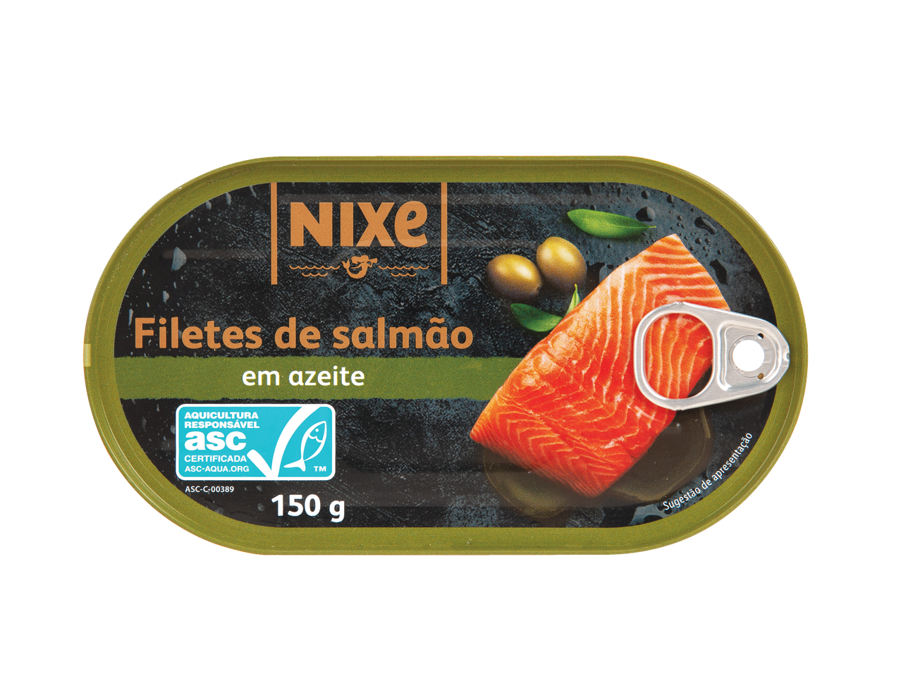 Filetes de salmão Nixe em azeite, 150g, com certificação ASC.