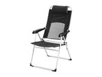 Black and silver folding camping chair with a headrest