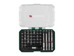 Screwdriver bit set with various bits and extensions in a clear case.
