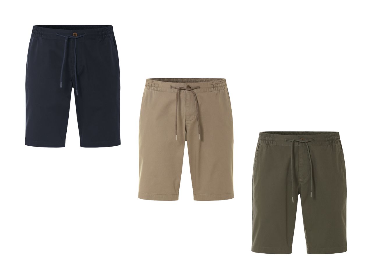 Tre par herre shorts i navy, beige og olivengrøn.