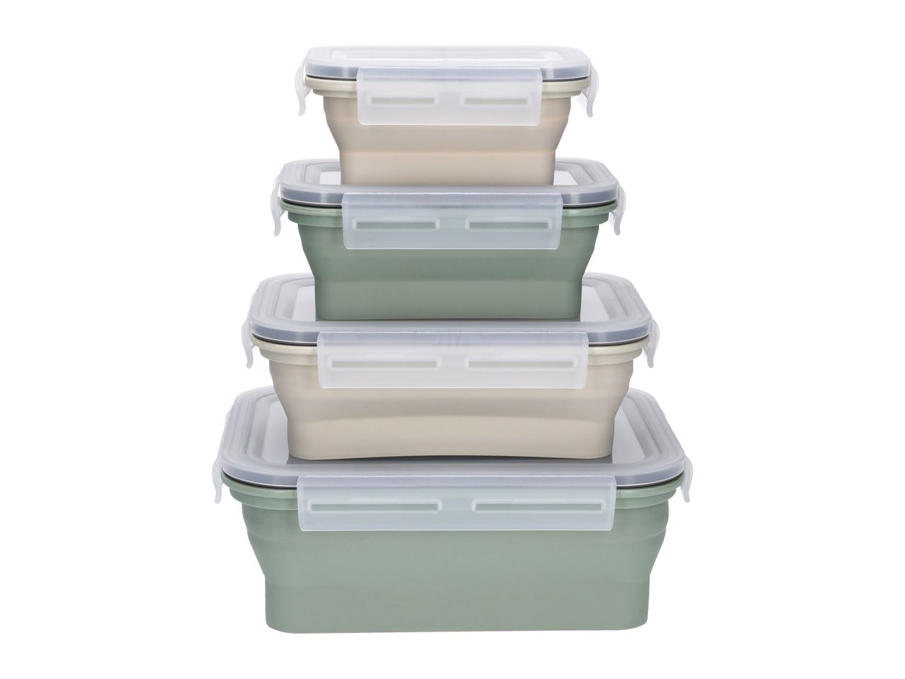 Stack of four collapsible food containers in green and beige with clear lids.